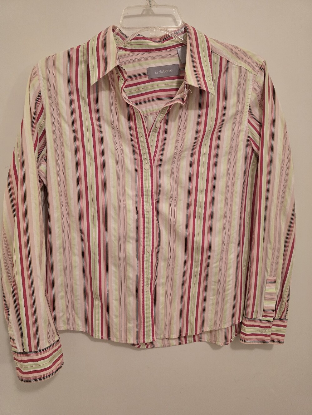 Liz Claiborne Striped Button-Up Shirt in Pink, Green & Cream